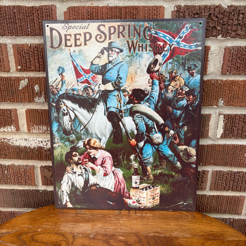 Deep Spring Whiskey Tin Sign Civil War Soldier with Flag on Horse 16" x 12.5"